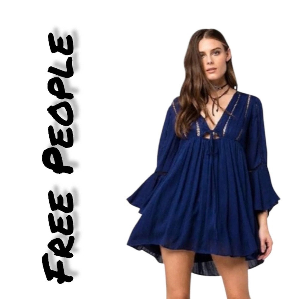 Free People Blue Bell Sleeve V Neck Peasant Dress - Picture 1 of 7